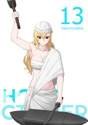 Rule 34 | 1girl, absurdres, ancient greek clothes, anvil, arm up, blacksmith, blonde hair, breasts, character name, chest sarashi, cleavage, collarbone, earrings, hammer, highres, himation, holding, holding hammer, hololive, hololive indonesia, jewelry, kaela kovalskia, kuon bb, medium breasts, red eyes, sarashi, solo, sweat, virtual youtuber, white headwear