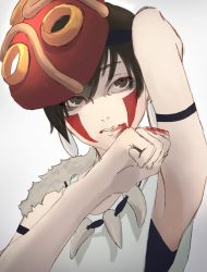 Rule 34 | 1girl, absurdres, bare arms, brown eyes, brown hair, commentary request, earrings, facepaint, facial mark, fur, headband, highres, jewelry, mask, mononoke hime, necklace, san (mononoke hime), short hair, simple background, solo, studio ghibli, tooth necklace
