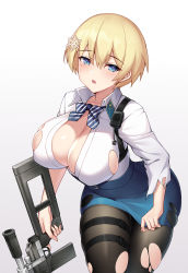 Rule 34 | absurdres, black legwear, blonde hair, blue eyes, blue skirt, blush, bow, bowtie, breasts, center opening, cleavage, collared shirt, cowboy shot, dress shirt, girls&#039; frontline, gun, hair ornament, highres, large breasts, leaning forward, mole, mole under eye, open mouth, pantyhose, rifle, shirt, short hair, skindentation, skirt, snowflake hair ornament, striped bow, striped bowtie, striped clothes, striped neckwear, thigh strap, tight clothes, tight shirt, torn clothes, torn legwear, vsk-94 (girls&#039; frontline), walkie-talkie, weapon, white shirt, wide hips, wing collar, zijiang