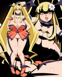 Rule 34 | 1girl, bare shoulders, blonde hair, breasts, cleavage, collar, collarbone, curvy, detached sleeves, female focus, flower, gradient background, hair ornament, heart, high heels, highres, huge breasts, long hair, long twintails, looking at viewer, maebari, miniskirt, multiple persona, open mouth, original, plump, shiny skin, shoes, simple background, skirt, smile, spread legs, standing, thick thighs, thigh gap, thighs, twintails, very long hair, wide hips, yellow eyes, yukimaru (gojo)