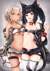 Rule 34 | 2girls, animal ear fluff, animal ears, arm around back, arm ribbon, bandeau, black hair, blush, breasts, cat ears, cat tail, cleavage, closed mouth, coat, collarbone, demon tail, grey hair, groin, hair ornament, hairclip, hand up, highres, hood, hooded coat, horns, long hair, medium breasts, multiple girls, navel, neck bell, neck ribbon, off shoulder, open clothes, open coat, open fly, open mouth, original, red ribbon, ribbon, ryara, short hair, short shorts, shorts, sidelocks, small breasts, smile, stomach, tail, thigh strap, thighhighs, twintails
