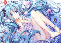 Rule 34 | 1girl, anklet, aqua hair, barefoot, blue eyes, dress, fish, happy birthday, hatsune miku, jellyfish, jewelry, long hair, necklace, pearl necklace, shanguier, smile, solo, toes, twintails, underwater, very long hair, vocaloid, white dress