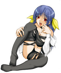 Rule 34 | 1girl, arc system works, bad anatomy, blue hair, breasts, dizzy (guilty gear), guilty gear, hair ribbon, large breasts, long hair, navel, open mouth, red eyes, ribbon, serizawa mitsuki, sitting, solo, thighhighs, tongue