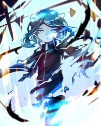 Rule 34 | 1other, aura, black coat, black shirt, blue aura, blue eyes, blue hair, closed mouth, coat, expressionless, glowing, glowing eyes, library of ruina, long sleeves, looking at viewer, pale skin, porccu 200g, powering up, project moon, shirt, short hair, sidelocks, simple background, the bookhunter, zipper