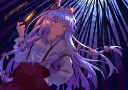 Rule 34 | 1girl, absurdres, armband, bamboo, bamboo forest, bow, breasts, buttons, cigarette, collared shirt, commentary request, dutch angle, fire, fire, floating hair, forest, from below, fujiwara no mokou, hair bow, hand in pocket, highres, holding, holding cigarette, juliet sleeves, long hair, long sleeves, looking afar, moonlight, mouth hold, nature, night, night sky, pants, puffy sleeves, pyrokinesis, red bow, red eyes, red pants, shirt, sky, small breasts, smoking, solo, standing, suspenders, touhou, two-tone bow, upper body, very long hair, white bow, white hair, white shirt, yamabuki (yamabuki xxxxx)