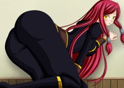 Rule 34 | 1girl, against wall, alternate color, alternate eye color, arc system works, ass, bent over, blazblue, blue eyes, blush, boots, breasts, hair tubes, highres, large breasts, leaning, leaning forward, long hair, looking at viewer, open mouth, pants, parted lips, red hair, seraphina, sideboob, tight clothes, tight pants, tsubaki yayoi, uniform, very long hair, yellow eyes