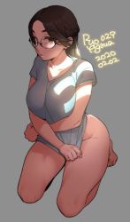 Rule 34 | 1girl, agawa ryou, bottomless, braid, breasts, brown eyes, brown hair, clothes pull, crossed arms, dappled sunlight, glasses, grey background, kneeling, large breasts, long hair, looking at viewer, no panties, no pants, original, parted bangs, shirt, shirt pull, short sleeves, sitting, solo, sunlight, t-shirt, thighs