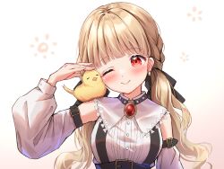 Rule 34 | 1girl, animal, animal on shoulder, bird, black ribbon, blonde hair, blush, brooch, chick, chick on shoulder, closed mouth, detached sleeves, earrings, hair ribbon, hand up, highres, jewelry, kogara toto, long hair, long sleeves, looking at viewer, low twintails, one eye closed, red brooch, red eyes, ribbon, shirt, sleeveless, sleeveless shirt, solo, toki (toki ship8), twintails, upper body, virtual youtuber, vspo!, white shirt, white sleeves
