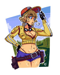 Rule 34 | 1girl, artist request, baseball cap, belt, bikini, bikini under clothes, black eyes, blonde hair, breasts, cidney aurum, cleavage, cloud, denim, dirty, final fantasy, final fantasy xv, forest, gloves, goggles, goggles around neck, hat, jacket, long sleeves, nature, navel, road, short hair, shorts, sky, solo, source request, sweat, swimsuit, tree, utility belt, wrench, yellow jacket