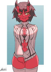Rule 34 | 1girl, black hair, blue background, blush, border, breasts, cleavage, closed mouth, colored skin, cowboy shot, fang, fang out, horns, kidouko (zakusi), long sleeves, looking at viewer, navel, oni, oni horns, orange eyes, original, red skin, revision, short hair, signature, simple background, smile, solo, standing, sweater, thigh gap, white border, zakusi