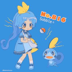 Rule 34 | 1girl, blue background, blue footwear, blue hair, brown eyes, character name, creatures (company), earrings, eyebrows, full body, game freak, gen 8 pokemon, hairband, highres, jewelry, looking at another, narumame, nintendo, parted lips, personification, poke ball, poke ball (basic), pokemon, pokemon (creature), ponytail, simple background, sobble, socks, twitter username, white legwear
