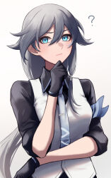 Rule 34 | 1girl, ?, armband, black gloves, black sleeves, blue armband, blue necktie, closed mouth, fu hua, fu hua (night squire), gloves, grey hair, hair between eyes, hand on own chin, highres, honkai (series), honkai impact 3rd, long hair, low ponytail, necktie, simple background, solo, upper body, white background, yunomi (yunomi hs)