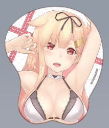 Rule 34 | 1girl, armpits, blonde hair, bra, breast mousepad, breasts, cleavage, commentary request, dan (kumadan), fangs, hair flaps, kantai collection, long hair, looking at viewer, medium breasts, mousepad, mousepad (medium), open mouth, poi, red eyes, revision, smile, solo, underwear, yuudachi (kancolle), yuudachi kai ni (kancolle)