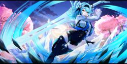 Rule 34 | 1girl, absurdres, bare shoulders, black gloves, black hairband, black shorts, blue hair, blue necktie, bupa chila, cherry blossoms, clothing cutout, eula (genshin impact), genshin impact, gloves, hair ornament, hairband, highres, long hair, looking at viewer, necktie, outdoors, shirt, shorts, shoulder cutout, solo, thighhighs, thighs, tree, white shirt, yellow eyes
