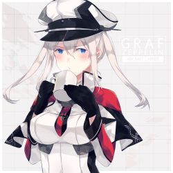 Rule 34 | 10s, 1girl, blonde hair, blue eyes, breasts, capelet, cup, eules, female focus, gloves, graf zeppelin (kancolle), hat, highres, kantai collection, large breasts, long hair, peaked cap, solo, twintails, uniform