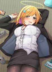 Rule 34 | 2girls, arms behind head, beer can, blonde hair, blush, breasts, brown legwear, can, cellphone, cleavage, colored inner hair, commentary, cowboy shot, cushion, dress shirt, drink can, drunk, english text, frills, hair ornament, hairclip, halo, highres, hololive, hololive english, id card, jacket, jenma-chan, looking at viewer, lying, medium breasts, mole, mole on breast, multicolored hair, multiple girls, office lady, on back, on floor, open clothes, open jacket, open mouth, pantyhose, pencil skirt, phone, pink hair, shirt, short hair, shuuzo3, skirt, smartphone, solo focus, sweatdrop, takanashi kiara, tatami, tearing up, tears, thighs, untucked shirt, virtual youtuber, white shirt