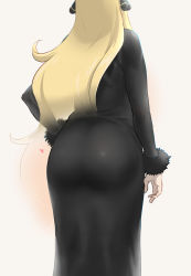 Rule 34 | 1girl, absurdres, ass, back, blonde hair, colored skin, creatures (company), cynthia (pokemon), dress, from behind, fur-trimmed sleeves, fur trim, game freak, hand on own hip, heart, highres, ikuchan kaoru, long hair, long sleeves, multicolored skin, nintendo, pokemon, pokemon dppt, simple background, solo, very long hair, white background