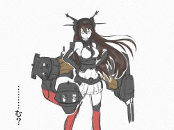 Rule 34 | 10s, bare shoulders, black hair, cannon, comic, elbow gloves, fingerless gloves, gloves, headgear, kantai collection, long hair, machinery, michimoyo, midriff, monochrome, nagato (kancolle), navel, o o, open mouth, pleated skirt, red eyes, sketch, skirt, sleeveless, solo, spot color, thighhighs, translation request, turret