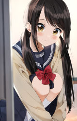 Rule 34 | 1girl, absurdres, black hair, black sailor collar, black skirt, blush, bow, brown eyes, brown sweater, closed mouth, commentary request, female focus, hair over shoulder, highres, hugging own legs, knees up, long hair, long sleeves, looking at viewer, low twintails, original, pentagon (railgun ky1206), pleated skirt, red bow, ribbed legwear, sailor collar, skirt, sleeves past fingers, sleeves past wrists, smile, socks, solo, squatting, sweater, swept bangs, twintails, very long hair, white socks
