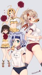Rule 34 | &gt;:t, 4girls, :t, ;d, absurdres, ahoge, aqua eyes, arm up, armpits, ass, back, bad id, bad pixiv id, bare shoulders, black hair, blonde hair, blue buruma, blue hair, blush, bread eating race, breasts, brown eyes, buruma, cheerleader, chocolate cornet, clenched hands, eating, fang, feathers, flower knight girl, food, food in mouth, food request, gaillardia (flower knight girl), green eyes, gym uniform, hair between eyes, hair ornament, headband, helenium (flower knight girl), highres, jacket, jumping, kinrenka (flower knight girl), kneehighs, knees together feet apart, kuro chairo no neko, large breasts, laurentia (flower knight girl), light brown hair, long hair, looking at viewer, looking back, low twintails, midriff, miniskirt, mouth hold, multiple girls, name tag, navel, one eye closed, open mouth, pizza, pizza slice, pom pom (cheerleading), red buruma, red eyes, shoes, short hair, short sleeves, simple background, skirt, sleeveless, smile, sneakers, socks, tears, tongue, tongue out, track jacket, twintails, twitter username, v-shaped eyebrows, wiping tears, yellow skirt