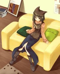Rule 34 | 1girl, animal hat, arm support, black hair, black skirt, book, boots, breasts, brown eyes, closed mouth, couch, cushion, hat, indoors, long sleeves, mitsumi misato, original, ribbon, short hair, sitting, skirt, sleeves past wrists, small breasts, solo