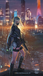 Rule 34 | 1girl, an-94, an-94 (girls&#039; frontline), assault rifle, blonde hair, blue eyes, boots, breasts, city lights, cityscape, cloak, full body, gas mask, girls&#039; frontline, gloves, gun, hairband, headset, highres, holding, holding gun, holding weapon, jacket, knee boots, long hair, long sleeves, looking at viewer, mask, medium breasts, night, realistic, rifle, rooftop, scenery, shorts, sidelocks, signature, silver hair, solo, standing, thigh strap, wayne chan, weapon