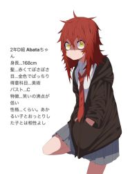 Rule 34 | 1girl, abata, bags under eyes, female focus, hood, jpeg artifacts, messy hair, necktie, original, oversized clothes, pleated skirt, red hair, red necktie, simple background, skirt, solo, stats, white background, yellow eyes