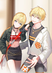 Rule 34 | 1boy, 1girl, :d, ahoge, alternate costume, artoria pendragon (all), artoria pendragon (fate), bandeau, belt, black choker, black jacket, black shirt, black skirt, blonde hair, breasts, casual, chain, choker, cropped jacket, fate/grand order, fate (series), gilgamesh (fate), grey pants, hair between eyes, head tilt, jacket, jewelry, lloule, lock, long sleeves, looking at viewer, midriff, navel, necklace, open clothes, open jacket, open mouth, padlock, pants, pencil skirt, purple eyes, red eyes, saber (fate), shirt, short hair, skirt, small breasts, smile, standing, v-shaped eyebrows, white jacket, wing collar