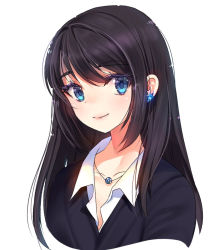 Rule 34 | 1girl, black hair, blue eyes, closed mouth, collared shirt, colored eyelashes, earrings, eyelashes, highres, jewelry, lips, long hair, looking at viewer, matsuki ringo, necklace, original, pendant, portrait, shirt, simple background, smile, solo, upper body, white background, wing collar