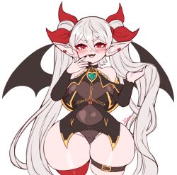 Rule 34 | 1girl, absurdres, bare shoulders, bat wings, black nails, bow, breasts, covered navel, demon girl, demon girl (steedoj), demon wings, earrings, fang, hair bow, heart, heart earrings, highres, jewelry, jojobee, large breasts, long hair, long sleeves, looking at viewer, open mouth, original, pointy ears, red bow, red eyes, slit pupils, smile, thick thighs, thighhighs, thighs, twintails, very long hair, white hair, wings