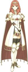 Rule 34 | 1girl, arm guards, armor, bare shoulders, black thighhighs, breastplate, celica (fire emblem), detached collar, earrings, fingerless gloves, fire emblem, fire emblem echoes, full body, gloves, hair ornament, hidari (left side), highres, jewelry, nintendo, official art, red eyes, red hair, solo, thighhighs, tiara, transparent background, zettai ryouiki