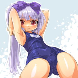 Rule 34 | 1girl, 3.1-tan, bad id, bad pixiv id, blue one-piece swimsuit, bow, cameltoe, dd (ijigendd), hair bow, one-piece swimsuit, os-tan, ponytail, red eyes, school swimsuit, shiny clothes, solo, swimsuit, white hair