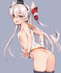 Rule 34 | 1girl, amatsukaze (kancolle), apron, ass, bad id, bad twitter id, black thighhighs, bottomless, breasts, cosplay, flat chest, gloves, hat, i-401 (kancolle), i-401 (kancolle) (cosplay), kantai collection, kawata hisashi, long hair, looking at viewer, no bra, no panties, open mouth, school uniform, serafuku, sideboob, silver hair, simple background, single glove, small breasts, solo, teeth, thighhighs, twintails, two side up, white gloves, yellow eyes