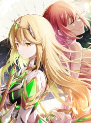 Rule 34 | 2girls, aegis sword (xenoblade), bare shoulders, blonde hair, breasts, chest jewel, closed eyes, earrings, frown, gem, highres, jewelry, large breasts, long hair, multiple girls, mythra (xenoblade), nude, pyra (xenoblade), red hair, short hair, swept bangs, sword, tiara, ui frara, weapon, xenoblade chronicles (series), xenoblade chronicles 2, yellow eyes