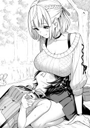 2girls absurdres bento between_breasts blanket blush braid breast_rest breasts breasts_on_head cleavage commentary_request forest grass greyscale hair_ornament hairpin half_up_braid highres hololive izumida_fuyuki kneeling lap_pillow large_breasts looking_at_another lying midriff monochrome multiple_girls nature official_alternate_costume on_back oozora_subaru oozora_subaru_(work) outdoors picnic pleated_skirt ribbed_sweater shirogane_noel shirogane_noel_(casual) shirt short_hair sitting skirt sleeveless sleeveless_shirt small_breasts smile surprised suspenders sweat sweater thighs tree virtual_youtuber yuri