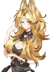 Rule 34 | 1girl, animal ears, arknights, arm under breasts, black shirt, black skirt, blonde hair, breasts, cat ears, cleavage, cleavage cutout, clothing cutout, eyes visible through hair, hand up, heart, highres, large breasts, long hair, maiq06, one eye closed, quercus (arknights), shirt, simple background, skirt, solo, upper body, white background, yellow eyes
