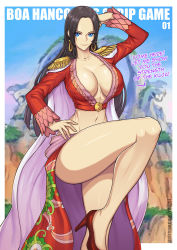 Rule 34 | 1girl, amazon lily, arm up, ass, black hair, blue eyes, blue sky, boa hancock, breasts, cleavage, earrings, english text, hand on own hip, high heels, jewelry, leg up, looking at viewer, one piece, redjet, sky, solo, standing, standing on one leg, tagme
