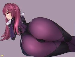 Rule 34 | 1girl, ass, bodysuit, breasts, cameltoe, fate/grand order, fate (series), from behind, huge ass, large breasts, long hair, looking at viewer, lying, lyotanc, on side, purple eyes, red eyes, scathach (fate), skin tight, solo, thick thighs, thighs, wide hips