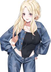 1girl black_leotard blonde_hair blue_eyes blush breasts commentary_request cowboy_shot denim denim_jacket hands_on_own_hips highleg highres izuminnu jacket jeans jewelry large_breasts leotard long_hair long_sleeves looking_at_viewer multicolored_hair necklace original pants pink_hair pink_lips smile solo streaked_hair