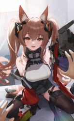 Rule 34 | 1boy, 1girl, absurdres, angelina (arknights), animal ears, arknights, bare shoulders, black gloves, black pantyhose, black thighhighs, breasts, brown hair, fox ears, gloves, hairband, highres, long hair, long sleeves, looking at viewer, medium breasts, pantyhose, pov, pov hands, red hairband, sitting, smile, solo, thighhighs, twintails, wariza, zayur