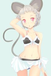 Rule 34 | 1girl, alternate costume, alternate hairstyle, animal ears, arm at side, arm behind head, arm up, bikini, bikini skirt, black bikini, breasts, cowboy shot, frilled bikini, frills, grey hair, hand in own hair, ishikkoro, looking at viewer, messy hair, mouse ears, mouse tail, navel, nazrin, parted lips, red eyes, short hair, simple background, small breasts, solo, swimsuit, tail, thighs, touhou
