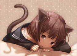 Rule 34 | 1girl, animal ears, brown background, brown eyes, brown hair, cat ears, cat tail, head tilt, long sleeves, looking at viewer, md5 mismatch, original, resolution mismatch, sailor collar, school uniform, short hair, simple background, solo, source larger, tail, upper body, yuu (plasm)