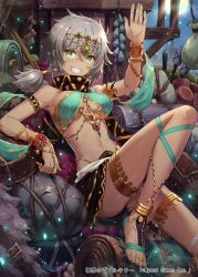 Rule 34 | 1girl, anklet, arm up, armlet, armpits, bag, bare shoulders, black skirt, bracelet, breasts, dark-skinned female, dark skin, full moon, gabiran, gold trim, green eyes, grey hair, grin, hair ornament, jewelry, knee up, long hair, looking at viewer, low-tied long hair, medium breasts, midriff, miniskirt, moon, navel, off shoulder, official art, revealing clothes, sack, shinkai no valkyrie, sitting, skirt, smile, solo, stomach, thighs, toe ring, toes, underboob, watermark