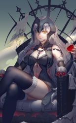 Rule 34 | 1girl, absurdres, alcohol, bare shoulders, black gloves, black thighhighs, blonde hair, chain, closed mouth, commentary request, crossed legs, cup, drink, elbow gloves, fate/grand order, fate (series), flag, fur-trimmed legwear, fur-trimmed sleeves, fur trim, gauntlets, gloves, glowing, glowing eyes, headpiece, highres, holding, holding cup, itoucon, jeanne d&#039;arc (fate), jeanne d&#039;arc alter (avenger) (fate), jeanne d&#039;arc alter (avenger) (third ascension) (fate), jeanne d&#039;arc alter (fate), long hair, nail polish, navel, red nails, sitting, skull, solo, thighhighs, very long hair, wine, yellow eyes