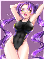 Rule 34 | 1girl, :3, absurdres, armpits, arms behind head, black one-piece swimsuit, breasts, cameltoe, cleft of venus, competition swimsuit, covered navel, eyelashes, fangs, female focus, haruchan koharu, highleg, highleg swimsuit, highres, large breasts, legs together, light blush, long hair, mesugaki, mole, mole under eye, one-piece swimsuit, open mouth, original, petite, presenting armpit, purple background, purple hair, purple one-piece swimsuit, simple background, smile, smug, solo, standing, swimsuit, twintails, two-tone swimsuit, very long hair, yellow eyes