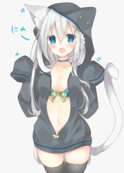 Rule 34 | 1girl, :d, animal ear fluff, animal ears, aqua bra, artist name, black thighhighs, blue eyes, blush, bow, bow bra, bra, braid, breasts, cat, cat ears, cat girl, cat tail, cleavage, commentary request, cowboy shot, dated, fang, green bow, grey background, hair between eyes, hair ornament, hands in opposite sleeves, hands up, hood, hoodie, long hair, looking at viewer, medium breasts, navel, open mouth, original, partially unzipped, satsuki mayuri, signature, silver hair, simple background, smile, solo, standing, tail, thighhighs, underwear, x hair ornament