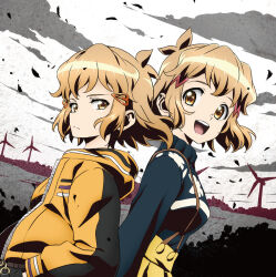 Rule 34 | 2girls, artist request, closed mouth, commentary request, dual persona, expressionless, hair ornament, hairclip, hands in pockets, light brown hair, looking at viewer, looking to the side, multiple girls, official art, open mouth, orange eyes, senki zesshou symphogear, short hair, sky, smile, tachibana hibiki (symphogear), tachibana hibiki (symphogear) (another), teeth, upper body, upper teeth only