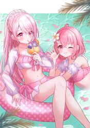 Rule 34 | 2girls, ;d, absurdres, ahoge, bikini, blurry, blurry foreground, blush, braid, breasts, caustics, cleavage, cup, detached sleeves, drink, drinking, drinking straw, feet out of frame, flower, food, fruit, grin, hair flower, hair ornament, highres, holding, holding cup, innertube, jewelry, light particles, long hair, looking at viewer, medium breasts, mole, mole under eye, multiple girls, navel, necklace, nijisanji, non-web source, one eye closed, open mouth, orange (fruit), orange slice, petals, pink bikini, pink eyes, pink hair, ponigiri12, ponytail, purple flower, sasaki saku, see-through, see-through sleeves, shiina yuika, short hair, smile, swim ring, swimsuit, tropical drink, upper body, virtual youtuber, water