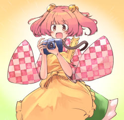 Rule 34 | 1girl, apron, bell, blush, camera, checkered clothes, checkered kimono, checkered shirt, cowboy shot, ginnkei, hair bell, hair ornament, highres, holding, holding camera, japanese clothes, kimono, motoori kosuzu, open mouth, shirt, short hair, smile, solo, touhou, two side up, unmoving pattern, wide sleeves