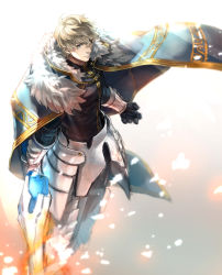 Rule 34 | 1boy, absurdres, armor, black gloves, blonde hair, blue cape, blue eyes, cape, collared cape, excalibur galatine (fate), fate/extra, fate/grand order, fate (series), fire, full body, fur collar, gauntlets, gawain (fate), gloves, highres, holding, holding sword, holding weapon, izumi shino, knight, knights of the round table (fate), long sleeves, looking at viewer, male focus, short hair, simple background, solo, sword, weapon, white background